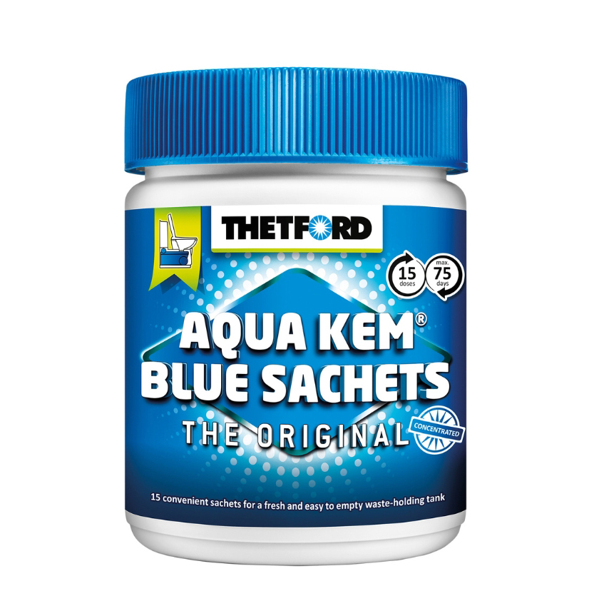 Aqua Kem Blue Boîte de 15 Sachets, liquéfiant chimique pour l'entretien des WC portables