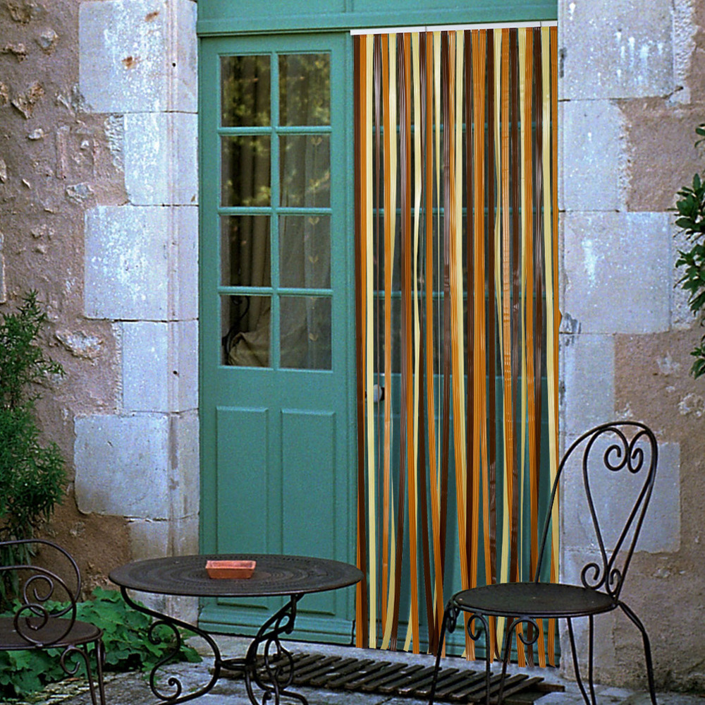 Rideau de porte à lanières plastiques brun et beige, style Antilles, 90x220 cm, idéal comme moustiquaire ou séparateur d'ambiance.