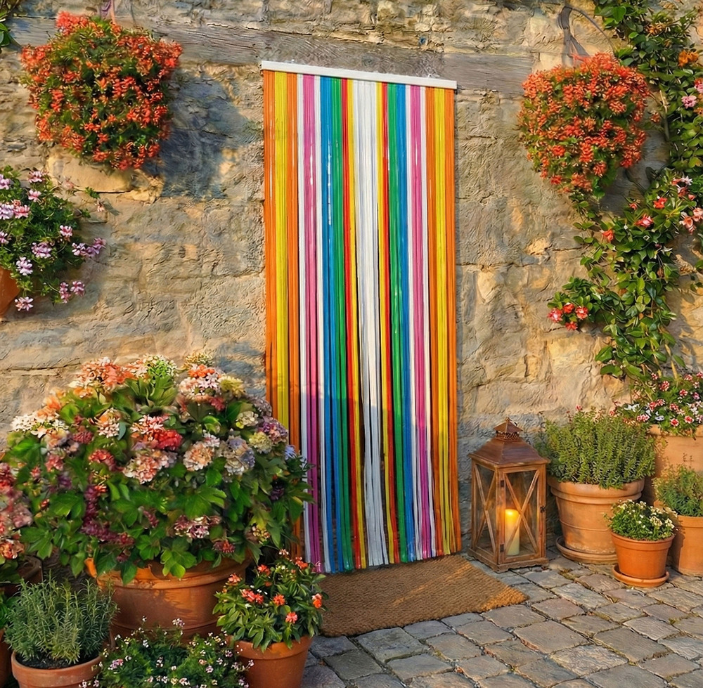Rideau de porte lanières Antilles multicolore en plastique 90x220 cm, idéal pour filtrer la lumière et les insectes.