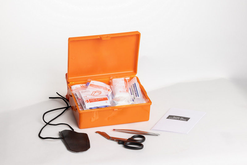 Trousse de 1er Secours professionnelle pour 5 personnes ouverte avec contenu visible
