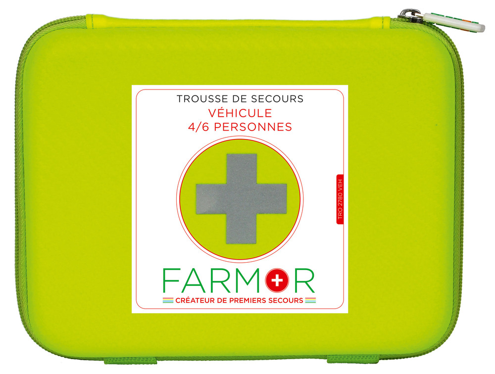 Trousse de secours compacte pour véhicule, adaptée 4 à 6 personnes, avec matériel de premiers soins d'urgence.