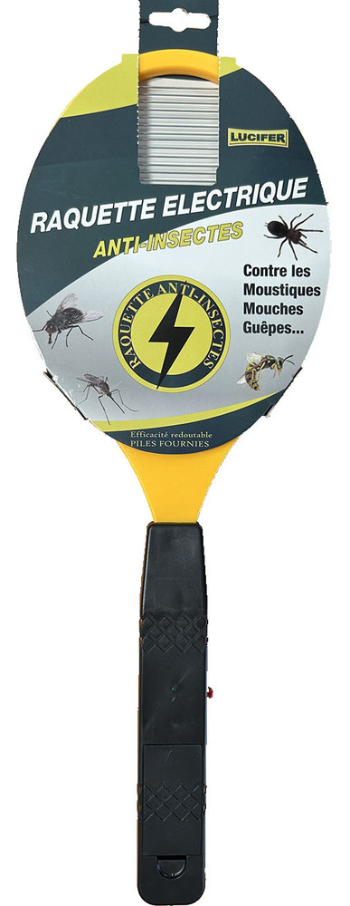 Raquette électrique anti-insectes volants, avec grille de protection et témoin lumineux.