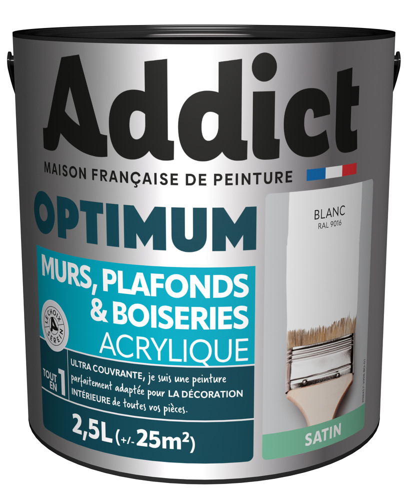 Pot de peinture Addict Optimum blanc satin 2.5L murs, plafonds et boiseries