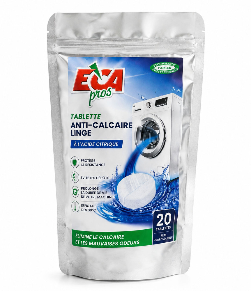 Tablettes anti-calcaire pour lave-linge, pack de 20, pour l'entretien et la protection de la machine.