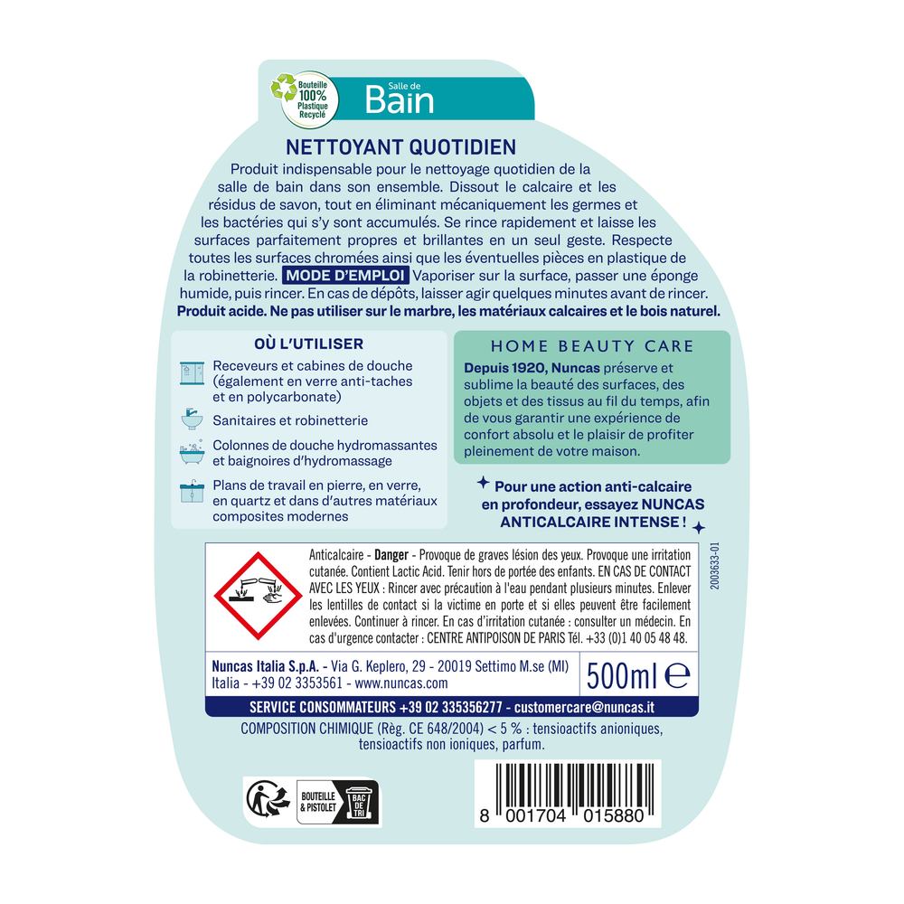 Nettoyant du quotidien anti calcaire en spray 500ml, explications au dos du spray