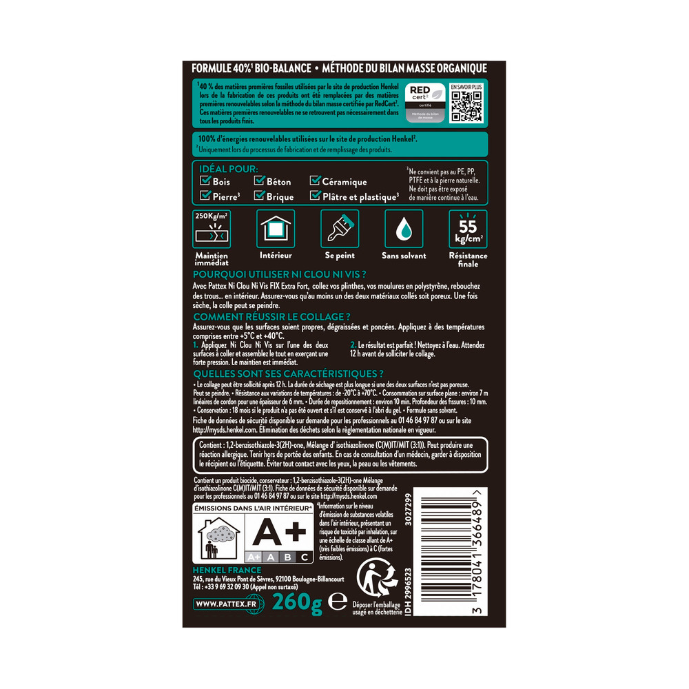 Dos Produit Colle PATTEX Fixation Ni Clou Ni Vis Extra Fort Mass Balance 260 g