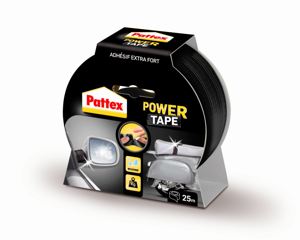 Adhésif Power Tape Noir ultra résistant pour Auto/Moto, 5 cm x 25 m, goulotte de 18 rouleaux