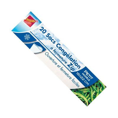 Rouleau de 20 sacs congélation à zip transparents, format 18 x 22 cm, idéal pour la conservation des aliments.