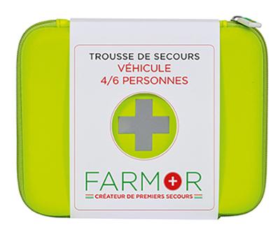 Trousse de secours compacte pour véhicule, adaptée 4 à 6 personnes, avec matériel de premiers soins d'urgence.