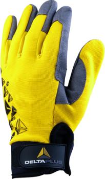 Paire de gants de bricolage jaunes pour travaux légers, avec dos en tricot respirant et paume en cuir synthétique.
