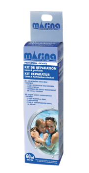 Kit de réparation 60ml pour liner de piscine et articles gonflables, avec tube de colle et rustines.