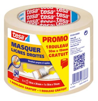 Masquer - Protection droites crème, lot de 2 rouleaux 50mx30mm + 1 rouleau 50mx19mm gratuit