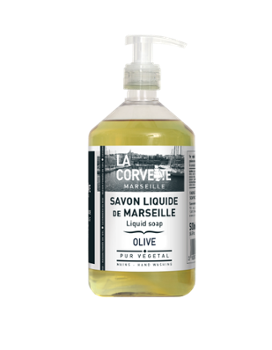 Savon de Marseille liquide parfumé à l'olive en flacon pompe, idéal pour les mains.