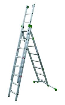 Échelle transformable 3 plans en aluminium avec 7, 8 et 8 échelons, robuste et polyvalente pour travaux en hauteur.