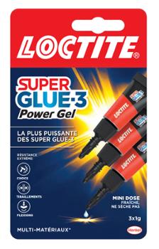 Pack de 3 mini tubes de colle cyanoacrylate Superglue-3 Power Flex Gel 1g, formule gel flexible et forte adhérence pour tous matériaux.