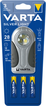 Lampe torche LED Silver Light argentée, compacte et résistante, avec 3 piles AAA incluses