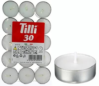 Bougies chauffe-plats en aluminium Ø38/14mm, pack de 30, idéales pour réchauds et décoration.