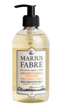 Savon Liquide de Marseille flacon pompe 400 ml senteur Orange et Cannelle, liquide de couleur ambrée.