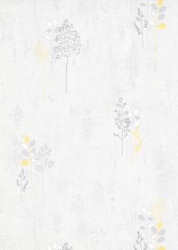 Papier peint vinyle expansé sur papier motif feuillage gris et jaune avec effet texturé, référence 40127.