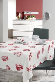 Toile cirée de nappage au métrage Déco Abondance rouge 140 cm x 20 m, motif floral et fruits