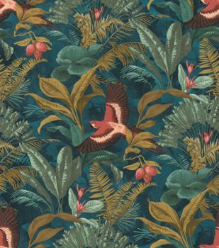 Papier peint vinyle grainé sur intissé motif jungle nocturne aux couleurs profondes avec végétation luxuriante