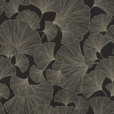 3543 - Papier Peint Vinyle Expansé sur Intissé Feuilles De Ginko Noir Doré