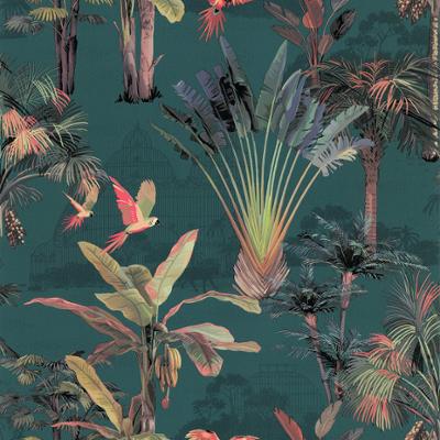 Papier peint vinyle sur intissé Jalapa fond vert émeraude, motif végétal tropical