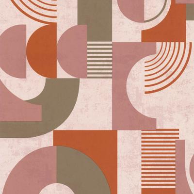 Papier peint vinyle sur intissé motif Seventie's rose et terra, avec des formes géométriques rétro.