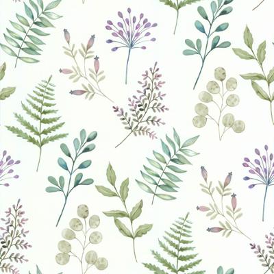 3574 - Papier Peint Vinyle Sur Intissé Herbier Vert, Mauve