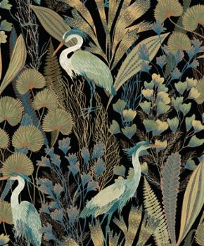 Papier peint vinyle grainé sur intissé à motifs tropicaux avec grues bleues