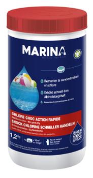 Mini galets de chlore choc action rapide 20g pour piscine, pot de 1.2 kg.