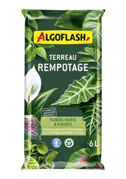 Sac de terreau Rempotage Plantes Vertes et Fleuries 6L, avec formule enrichie pour un rempotage réussi.