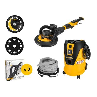 Ponceuse professionnelle électroportative Leros-S ITE Premium 1125L en pack, avec système d'aspiration et accessoires de ponçage.