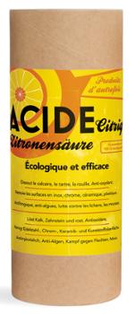 Poudre d'Acide Citrique 600g en sachet, produit multi-usages pour l'entretien ménager écologique.