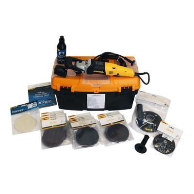 Kit de ponçage professionnel pour verre avec lustreuse PS 1437 Ø125 mm, idéal pour la rénovation et l'élimination de rayures.