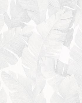 Papier peint vinyle grainé sur intissé motif feuilles de jungle tropicales blanc et gris
