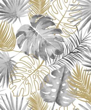 Papier Peint Intissé L60409 Glitter Amazonie Gris, avec motifs de jungle tropicale luxuriante et finition pailletée