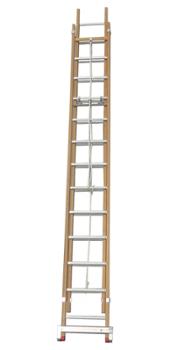 Échelle coulissante 2 plans en bois avec 11 échelons, réglable de 302 à 485 cm pour travaux de bâtiment.