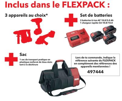 Flex Pack : 3 Appareils au Choix + 3 Batteries 18 V + 1 Chargeur Rapide + 1 Sac de Transport