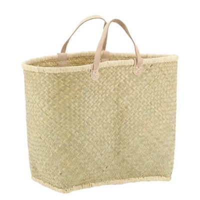 Panier couffin artisanal en palmier naturel de 50 cm avec poignées en cuir beige, idéal pour les courses ou le rangement.