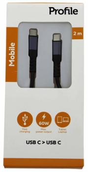 Câble USB-C vers USB-C noir 60W de 2 mètres pour charge et synchronisation