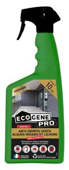Spray anti-dépôts verts 1 litre pour nettoyage de façades, toitures et terrasses, élimine mousses et lichens.