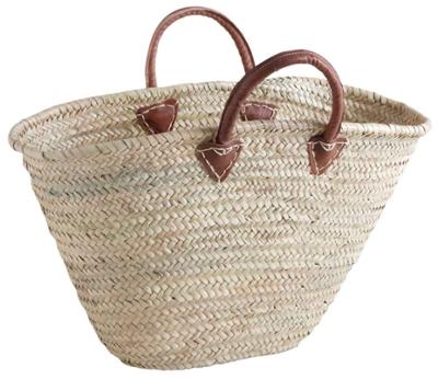 Panier couffin en palmier naturel de 60 cm avec poignées en cuir, idéal pour le marché ou la plage.