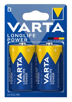 Lot de 2 piles alcalines Longlife Power LR20/D 1.5V dans leur emballage blister scellé.