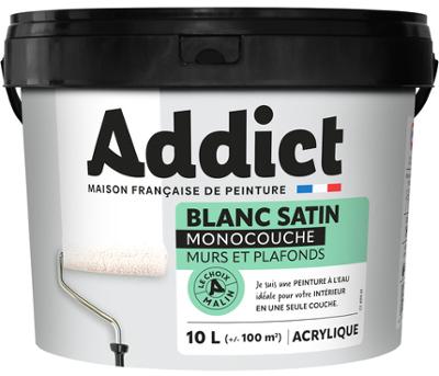 Peinture monocouche acrylique blanc satin pour murs et plafonds intérieurs, pot de 10 litres