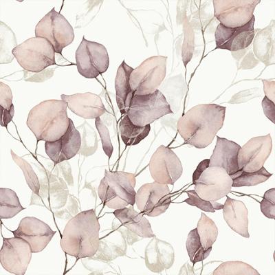 Papier peint vinyle sur intissé Léonie à motifs de feuilles d'eucalyptus roses, idéal pour une ambiance douce et naturelle.