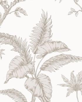 Papier peint intissé effet feuillage exotique beige sur blanc cassé, idéal pour une décoration murale naturelle et apaisante.