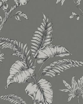 Papier peint intissé 31847 motif feuillage exotique blanc sur fond gris foncé, idéal pour créer un mur d'accent.