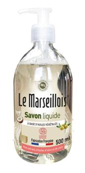 Savon de Marseille Liquide Pur et Végétal 500 ml aux extraits d'olives et de coco, avec pompe.