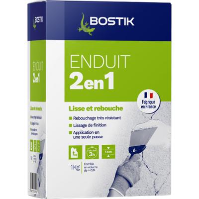 boite d'enduit 1 kg Bostik 2en1 vert et bleu pour lisser et reboucher